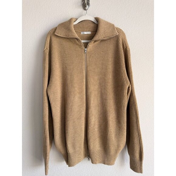 Zara Men’s Full Zip Wool Blend Sweater Tan Medium Chunky Knit Pockets Size XL - Picture 13 of 13